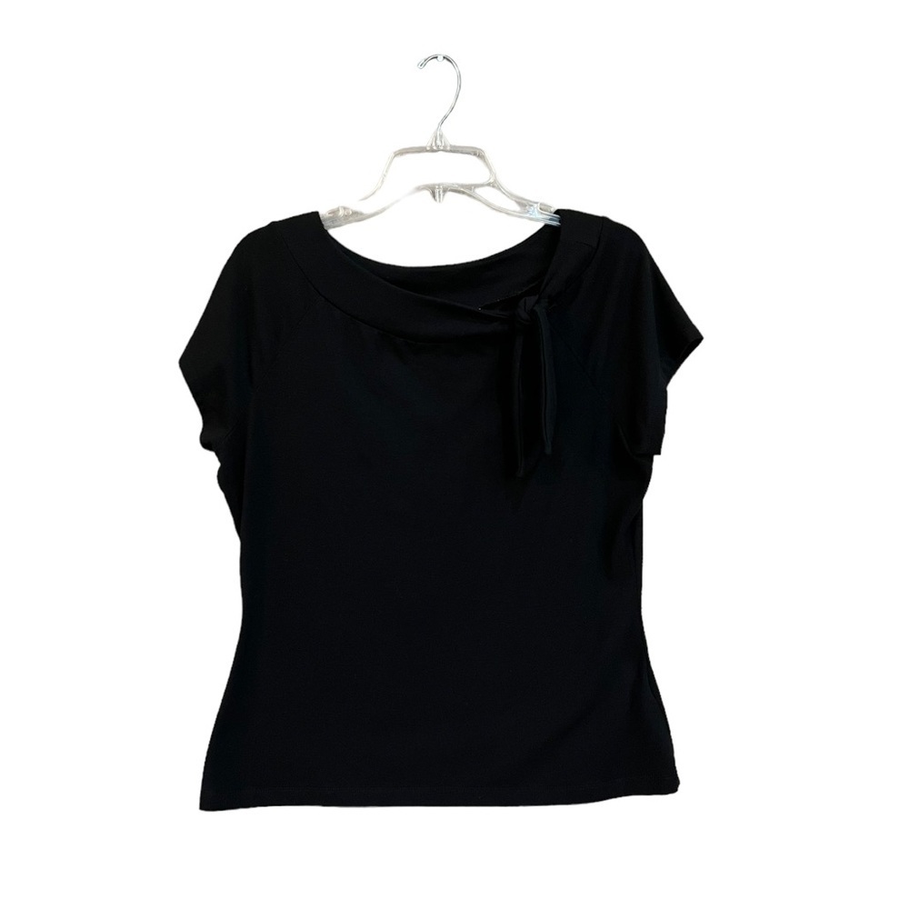 George Women’s Black Short Sleeve Blouse, Tie Front Accent, size L.​​